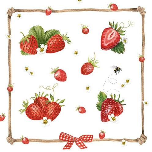 20 Servietten Essen & Trinken Erdbeeren im Rahmen als Tischdeko. Papierservietten mit Motiv. Auch für Decoupage und Serviettentechnik 33x33cm