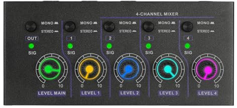 Audio Mixer, 4-Kanal Mini mischpult mit USB Type-C, 4-in-1-Out Unterstützung Mono und Stereo-Audio-Mischpult, Geräuschunterdrückung, für kleine Bands