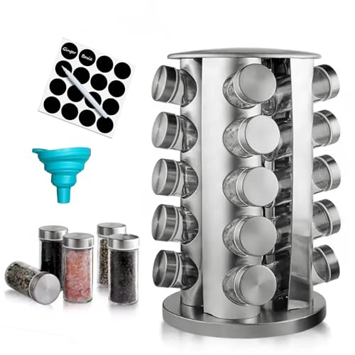 Revolving Spice Rack with 20 Jars,Spice Rack Organizer With labels funnel | Polished Stainless Steel with Black Caps, Stainless Steel Spice Carousel for Kitchen Countertop, Cabinet