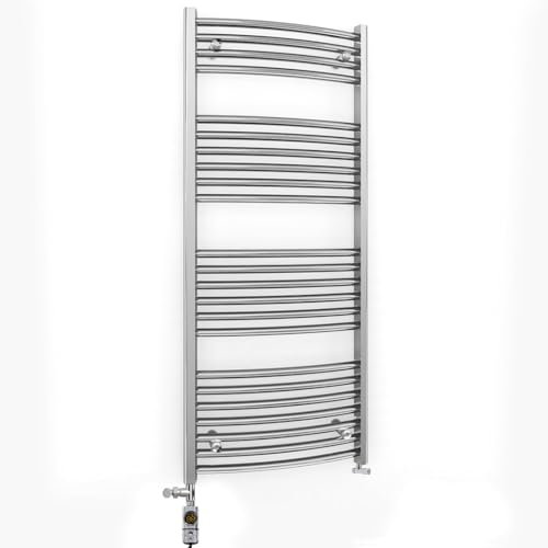 700mm Wide Curved Chrome Electric Dual Fuel Bathroom Towel Rail Radiator Heater With AF Thermostatic Electric Dual Fuel Element UK (700 x 1200 mm)