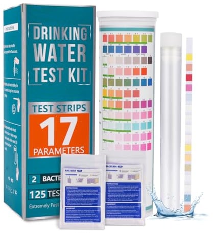 Homcoice Kit Analisi Acqua Potabile 17 in 1 (125 strisce+2 test batteri) Strisce Test Acqua Piscina, Test pH, durezza totale, idrogeno solforato, ferro, rame, piombo, manganese, cloro e altro ancora