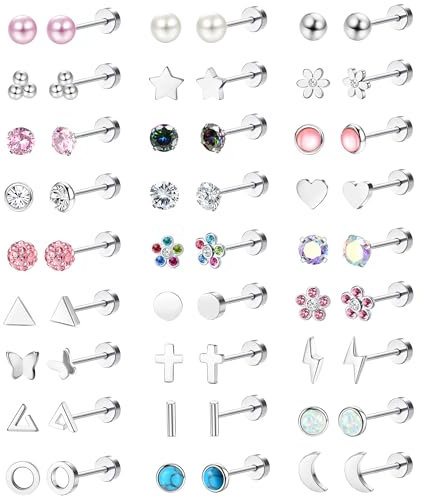 JeweBella 27 Paar Ohrringe Silber für Damen Mädchen Medizinische Ohrstecker Kinder Hypoallergene Blume Schmetterling Perlen Herz Zirkonia Ohrringe Set Ohrringe Chirurgenstahl Kinder Ohrringe Mädchen
