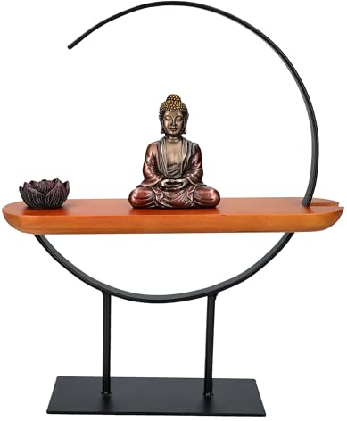 Figuren Shop GmbH Spirituelle Buddha-Figur mit Ständer & Lotusblüte 28 cm - Ideal für Yogastudios, Holz- Metall-Ständer