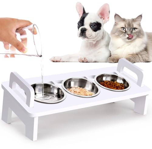 Elevated Cat Food Bowl, 3 Stainless Steel Raised Cat Bowls with Stand, 15°Tilted Cats Bowl for Indoor Cats, Pet Food and Water Bowl Set, Anti Vomitting, Whisker Fatigue and Dishwasher Safe - White