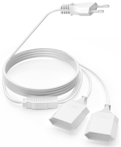 Verlängerungskabel Flach, 8M Stromkabel Verlängerung, 2 in 1 Typ-C Stromstecker Flach, Eurostecker auf Doppel Typ-C EuroBuchse, 0.75 mm² Stromkabel 2,5A/250V für PC Lampen Phone-Weiß