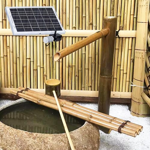 HJDSUDU Fontaine Solaire en Bambou Naturel, Kit pour Bain d'Oiseaux Zen, Ornements de Filtre d'Aquarium avec Pompe à Eau pour Jardin, Cour, 20in