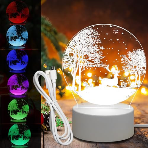 ZoneYan 3D Nachtlicht für Kinder, LED Nachtlicht 3D Illusionslampe,3D Nachttischlampe,Weihnachten Elch 7 Farben Lampe,Batterie/USB Dual Use Mit Touch Schalter für Weihnachten Geschenk Kinderzimmer