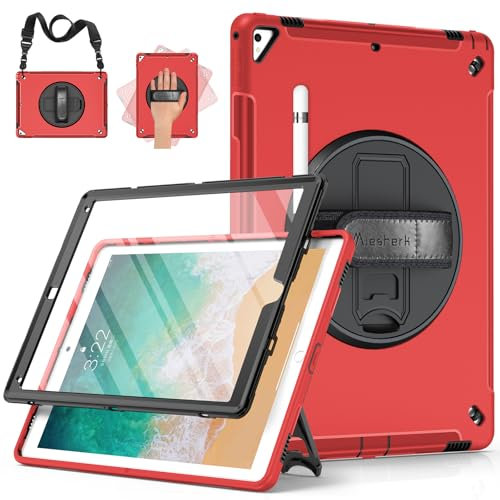 Miesherk Custodia per iPad Pro 12.9 2a/1a Generazione 2017/2015: Case Cover Protettiva Integrale a 3 Strati di Grado Militare-Proteggi Schermo-Portapenne-Cavalletto Girevole-Tracolla Mano/Spalla-Rosso