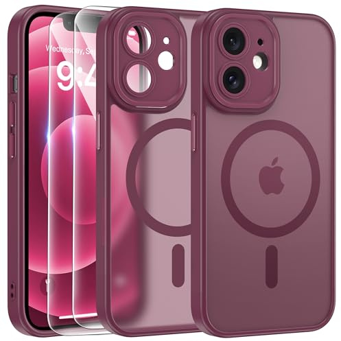 FLLAO Funda para iPhone 12, Compatible MagSafe, con 2 Piezas Protector de Pantalla Cristal Templado, [Protección de Cámara] Magnética Carcasa Translúcida Mate Trasera Fina Antigolpes, Granate