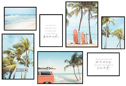 Hyggelig Home Premium Poster Set - 7 hochwertige Bilder - Surfen Meer Bus Urlaub Surfbrett Strand Palmen Wellen Surfing Deko für Wohnzimmer Schlafzimmer - mit Rahmen weiß
