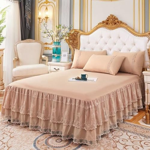 AMDXD Khaki Wrap-Around Bettvolant 180x200cm Deko, Spitze Bettrock Tagesdecke mit Kräuseln Einfarbig Matratzenschutz, Bambus Spannbetttücher für alle Jahreszeiten