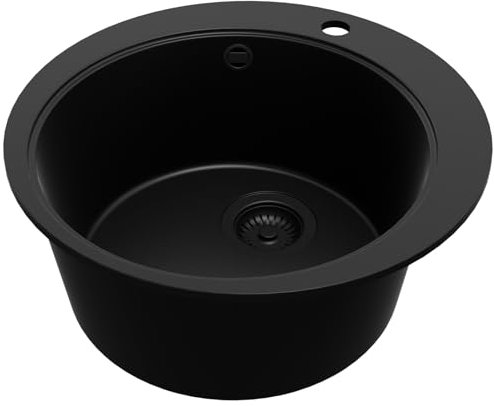 PRIMAGRAN Fregadero Cocina Circular Todo Negro 50x50cm, Fregadero Granito 1 Seno + Sifón, sobre encimera al mueble 45cm - Pisa