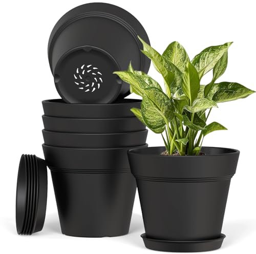 Plastic Plant Pots Indoor Outdoor, 6 Pack 6Inch/15CM Large Plant Pots Flower Pot with Drainage Holes and Tray,Modern Decorative Planter Pot for All House Plants(Black)