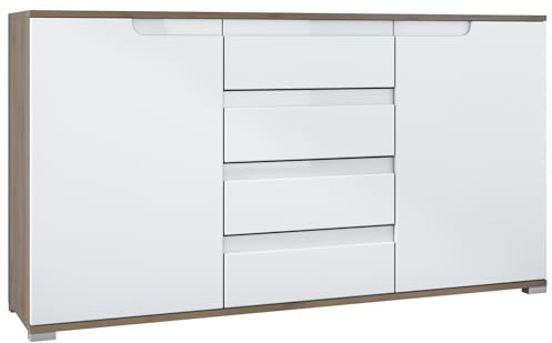 Vladon Sideboard Sylt V1, Kommode mit 2 Türen und 4 Schubladen, Korpus - Eiche Evoke/Front - Weiß matt/Absetzung - Weiß Hochglanz (138,5 x 75,5 x 35 cm)