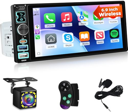 NHOPEEW 1din CarPlay Autoradio Single Din Autoradio 6,8 Zoll Touchscreen mit kabellosem CarPlay Android Auto FM SWC USB Typ C Schnellladung + Rückfahrkamera