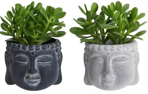Muddy Hands Set of 2 Black & Grey Buddha Head Cement Planters Indoor Home Decorative House Plant Flower Succulent Cactus Herb Pot Cover Holder