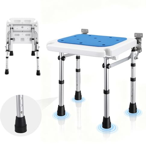 Folding Shower Seat,Wall-Mounted Shower Chair with 5-Level Height Adjustment,Bathroom Chair Stool with Space-Saving Flip-Up Design and Anti-Slip Feet,Bath Seat for Walk-In Showers,Elderly and Disabled