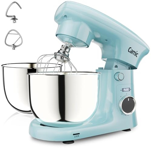 Camic Amasadora Batidora 4L + 5L Recipiente Inox, Amasadora Pantalla LED, Temporizador, 10 Configuraciones de Velocidad, Gancho de Repostería, Batidor, Mezclador, Para Masa, Pan, Pizza, Pasteles