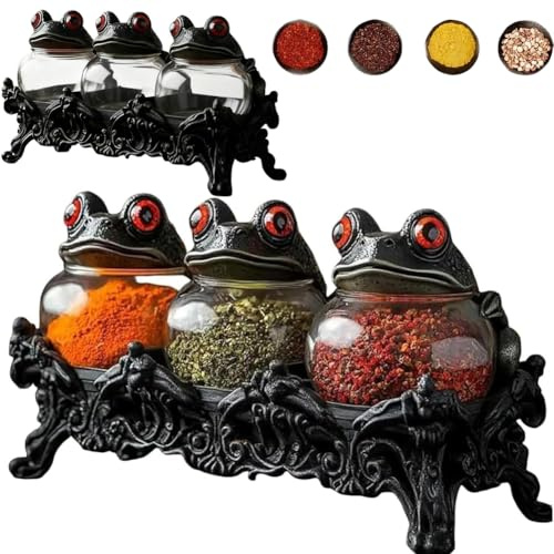 Hexenhaftes Frosch-Apotheker-Gewürzdosen-Set, 3-teilig, handgefertigtes Frosch-Gewürzdosen-Set für Salz, Pfeffer und Kräuter, einzigartige Vintage-Gläser mit Froschdeckeln, gotische Vorratsdosen