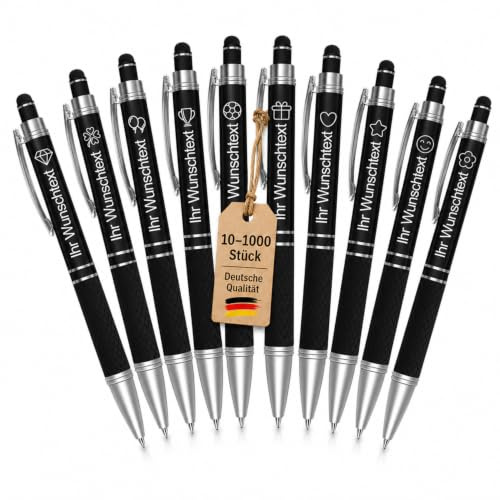 Homewit Kugelschreiber Personalisiert Gravur Schwarz 10 Stück für Meeting | 10–1000 Stück Metall Werbekugelschreiber mit Touchpen für Firmen, Messen, Schulen, Kundengeschenke, Hochzeiten, Werbemittel