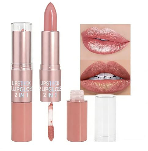 Rose Gold Metallic 2 in 1 Lipstick Combo Lip Gloss Tints Stain Set Makeup for Women Long Lasting Waterproof 24, Light Pink Metallic Glitter Shimmer Iridescent Liquid Lipstick lippies Lip Gloss (02#)