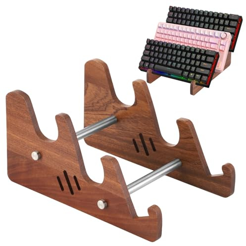 3 Tier Keyboard Display Stand, Wooden Mechanical Keyboard Holder, Stepped Desktop Organizer Rack for 3 Boards, Compact Storage Shelf for Home Office Gaming Room