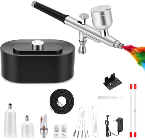 Kit Aerógrafo Compresor 48 PSI Doble Acción, Boquillas 0.2/0.3/0.5mm, 3 Presiones Ajustables, 3 Depósitos, 5 Cepillos+5 Agujas, para Uñas, Modelismo, Manualidades