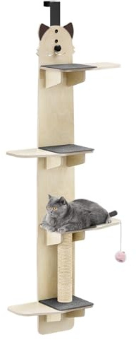 Door Hanging Cat Shelf, 4-Tier Vertical Cat Tree Over The Door Climber, Door Mounted Cat Shelves for Indoor Cats with Scratching Post, Pads & Tease Ball, Hanging Pet Perch Climbing Ladder