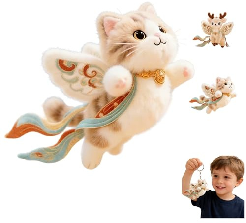 JORCEDI Schlüsselanhänger, Chinesischer Stil Feen-Tier Plüsch Anhänger, Dunhuang Flügel Design, Weiches Plüsch Schlüsselanhänger & Taschenanhänger für REH & Katze (10 cm,Katze)