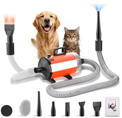 DEWINNER 2 in 1 Asciugacapelli Professionale per Cane, Blower 3200 W con Aspirapolvere, Velocità e Temperatura Regolabili, Silenzioso, 5 Ugelli, Tubo Elastico + Spazzola