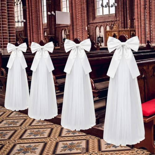 BDKMMS Hochzeit Schleifen 40 x 20 cm, 4 Stück Weiße Satin Tüll Pew Bows für Kirchenstühle, Groß Stuhl Deko für Trauung Gang Zeremonie, Formstabile Hochzeitsdeko für Bank Stühle