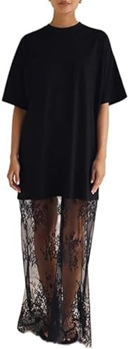 SANSIWU Women Vintage Y2k Lace Patchwork Maxi Dress Short Sleeve Crewneck Floral Lace Oversized Shirt Dress