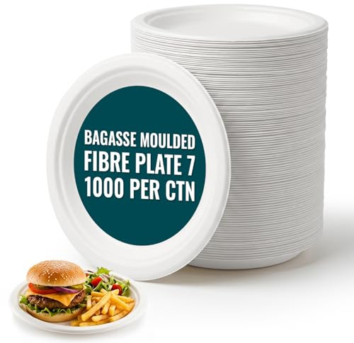 Strong Paper Plates 7 Inch 1000 Pack Bagasse Compostable Disposable Bulk | Made from sugarcane fibre, microwave and freezer suitable, grease resistant, stackable, for buffets, BBQ, picnics, weddings
