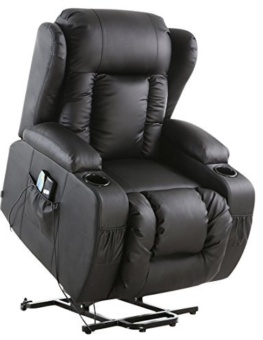 More4Homes CAESAR ELECTRIC RISE RECLINER MASSAGE HEAT ARMCHAIR SOFA LOUNGE BONDED LEATHER CHAIR (Black)