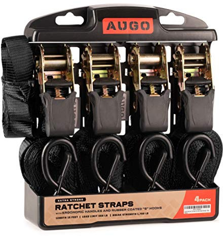 AUGO Extra Strong Ratchet Straps & Soft Loops - 4 Pack - 2.5 cm x 4.5 m - Ratchet Straps w/S-Hook Safety Latches & [4] Soft Loop Tie Downs - 770 KG Break Strength for Furniture, TVs, Surfboards, Etc.