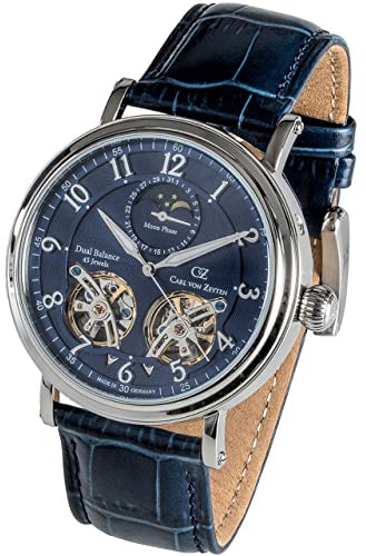 Carl von Zeyten Murg Automatik Herren Armbanduhr aus Edelstahl und Leder in der Farbe Silber-Blau 46mm, Wasserdichtigkeit: 5Bar, CVZ0054BLS