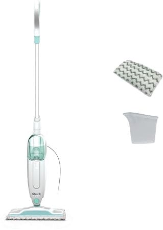 Shark Dampfreiniger, leichter Dampfreiniger für Hartböden mit 2 maschinenwaschbaren Reinigungspads und Füllflasche 375ml, 5.5 m Kabel, 30 Sekunden Aufheizzeit, Weiß & Grün S1000EU