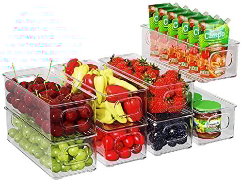 Fridge Organiser Set of 8, Stackable Storage Box, Small Refrigerator Organizer Bins with Handles for Kitchen, Freezer, Pantry, Cupboards - Clear BPA-Free Storage Container