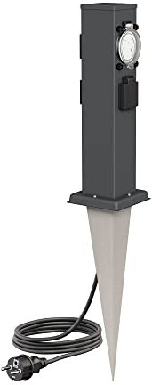 ledscom.de Garten-Steckdosen-Säule Polly mit Erdspieß und 2m Kabel für außen, IP44, 3-Fach mit Timer/Zeitschaltuhr, anthrazit, eckig, 38cm