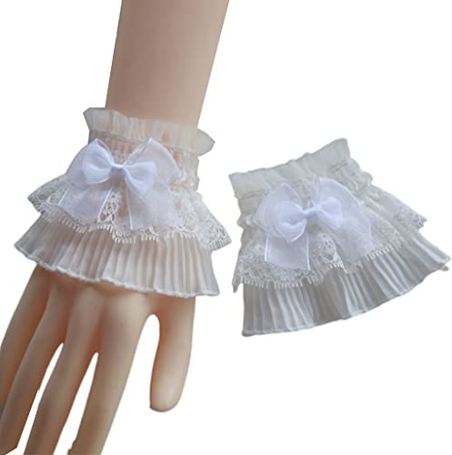 Frauen Abnehmbare Armärmel Steampunk Mesh Spitze Handgelenk Manschette Lolita Horn Manschetten Rüschen Spitze Hemd Dekorative Handschuhe, weiß, Weiß