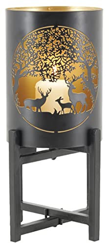 AUBRY GASPARD - Photophore Cerf en Métal Noir Doré - sur Pied - Motif Ajouré - Ø 17 cm x Hauteur 35 cm - Finition Intérieure Dorée - Poids 1,75 kg - Idéal pour Ajouter de la Hauteur Décorative