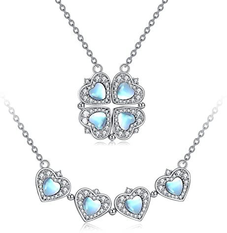 POPLYKE Sterling Silber Lucky Four Leaf Clover Halskette für Frauen Cubic Zirkonia Magnetic Folding Heart Love Anhänger Halskette Schmuck