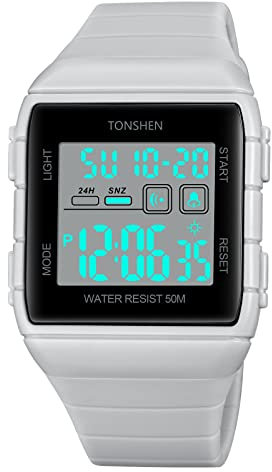 TONSHEN Unisex Herrenuhr Damenuhr LED Elektronik Digitaluhr Outdoor Sportuhr Doppelte Zeit Alarm Countdown Stoppuhr Plastik Uhren 50M Wasserdicht Armbanduhr (Weiß)