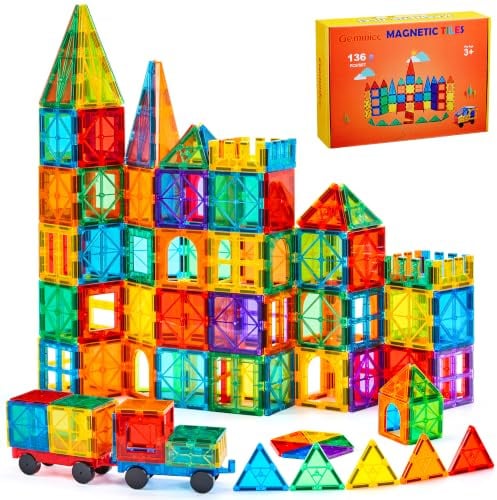 Gemmicc Baldosas Magnéticas, Set Deluxe 136 Piezas para Construcción Magnética, Bloques Magnéticos 3D para Niños y Niñas, Gran Set con 2 Coches