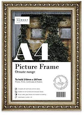 Almost Frameless A4 Champaign Ornate Picture Frame Fits A4 (21 x 29.7cm - 8.3 x 11.7in) Poster, Photo, Artwork, or Print. Antique Style Portrait and Landscape Display with Wall Hooks