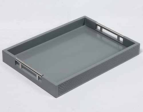 Modern Serving Tray with Polished Metal Handles, 16''x12'' Rectangle Coffee Table Tray, Perfect for Storage and Display (Grey)