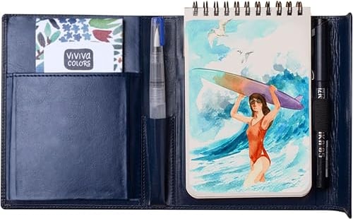 Viviva VV276053 Aquarell Reise Set A6, Kunstleder - Etui mit 16 lebendigen Aquarellfarben, Wassertankpinsel, schwarzer Marker in 0.5mm und Skizzenbuch mit 24 Blatt a 200g/m² in der Größe - A6