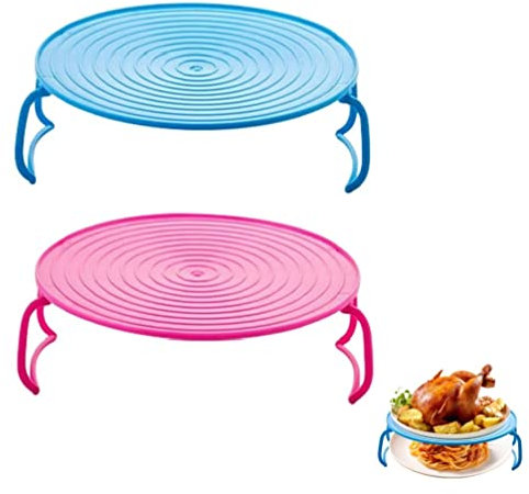 Microwave Folding Tray Microwave Plate Stacker 2 PCS Plastic Round Steaming Rack Microwave Stacker Baking Oven Tray for Bacon Frozen Snacks Cooking Supplies (Blue+Pink)