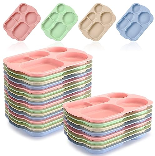Dandat 24 Pcs 11.8 Inches Wheat Straw Kids Divided Plates Unbreakable Plastic Separated Compartment Dinner Plates Colorful Serving Lunch Tray Section Plates for Children Toddler Adult