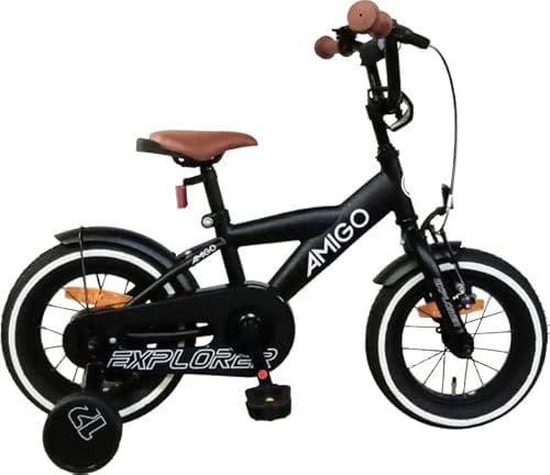AMIGO Explorer - Kinderfahrrad - 12 Zoll - mit Handbremse, Rücktritt, Lenkerpolster und Stützräder - ab 3-4 Jahr - Schwarz/Weiss